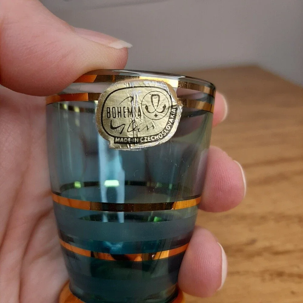 Vtg Czech Bohemia Glass Aperitif Shot Glass Blue w/ Gold Stripes Sticker label